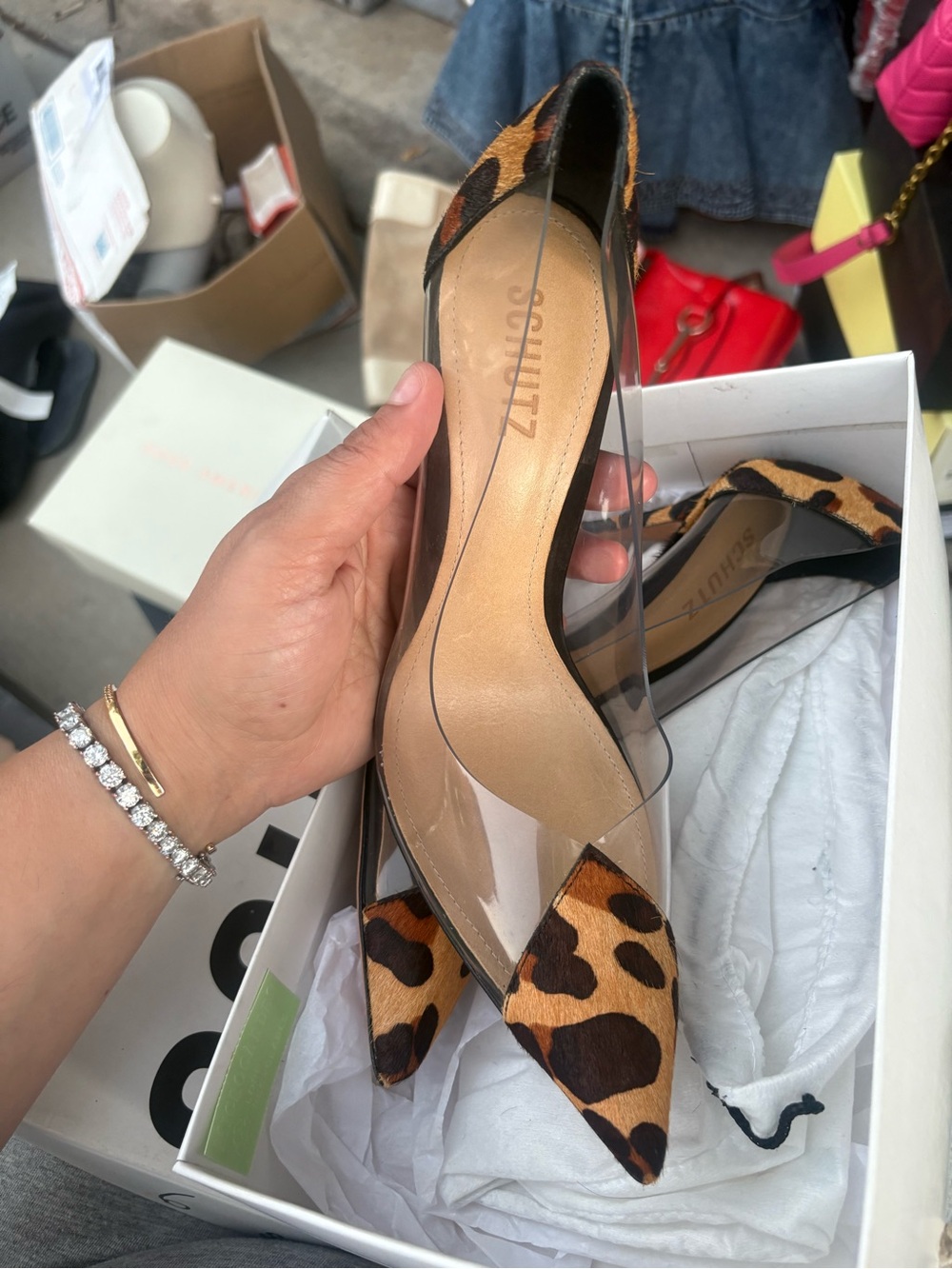 SCHUTZ Leopard-Print Pointed Toe Clear Panel animal hair heels - Picture 3 of 10